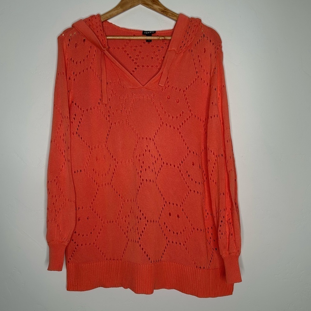 Torrid Pointelle Knit Hooded Sweater Smiley Face Star Pattern Coral Size 18/20
